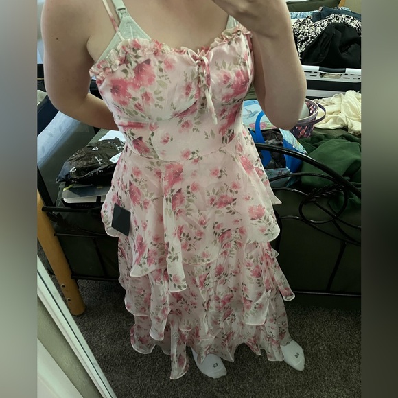 Lulus Pink Floral Tiered Dress - Picture 1 of 9